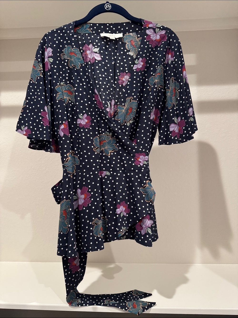 LOFT Navy Floral & Polka Dot Wrap Top with Tie